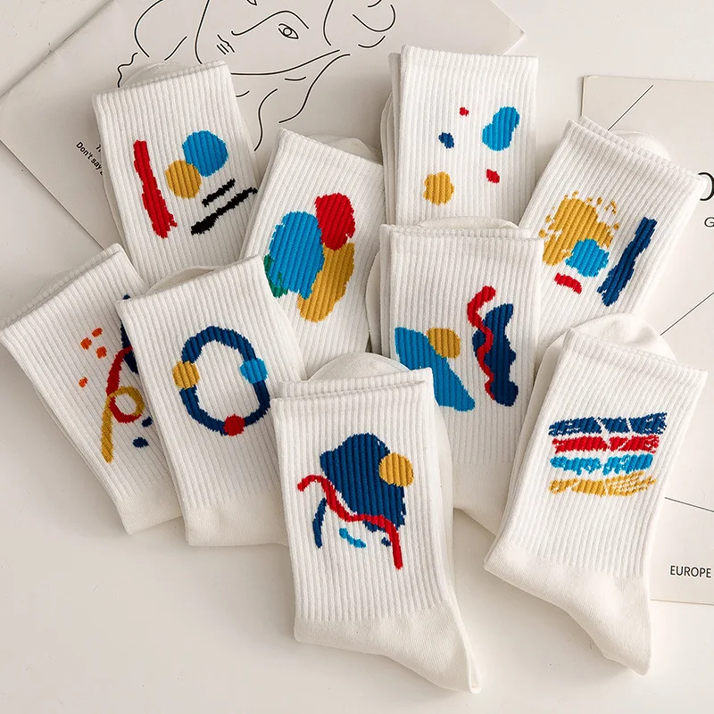 Women Socks Cute Happy Streetwear Cotton College Style Harajuku Graffiti White Socks Simple Female Artistic Ink Socks