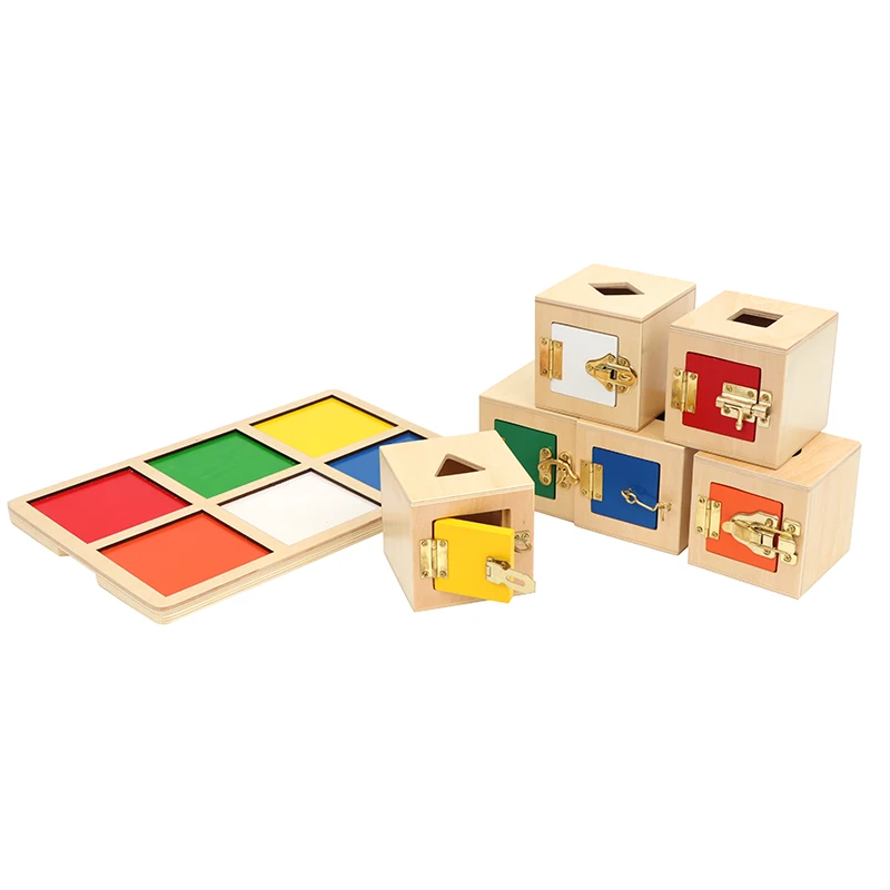 Montessori Educational Equipment Wood Imbucare Lock Boxes Shape Inset Tray Colors Matching Game for Kids Hand-Eye Coordination