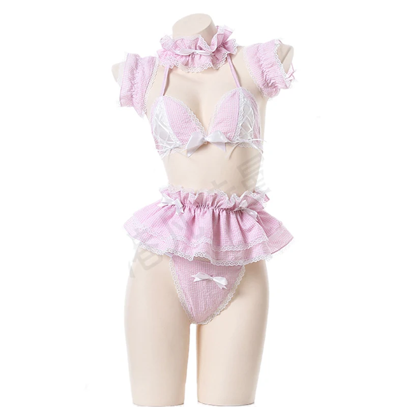 AniLV Lolita Girl Pink Plaid Maid Uniform Series Bikini Swimsuit Sukumizu Costume Women Kawaii Maid Pajamas Lingerie Cosplay