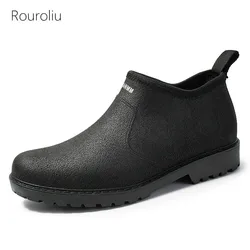 Rouroliu Spring Autumn PVC Water Shoes Men Non-Slip Fishing Work Boots Man Ankle Rainboots