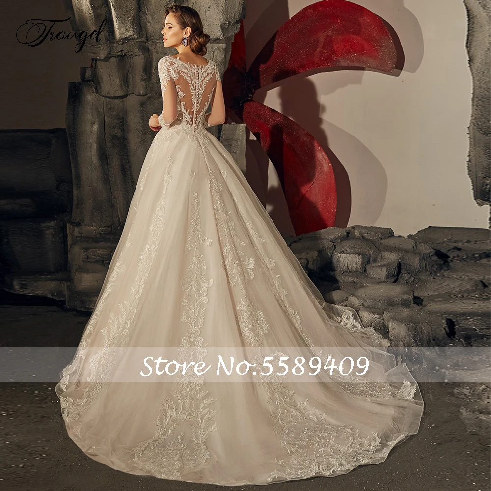 Traugel Scoop A Line Lace Wedding Dresses Delicate Applique 3/4 Long Sleeve Button Bride Dress Sweep Train Bridal Gown