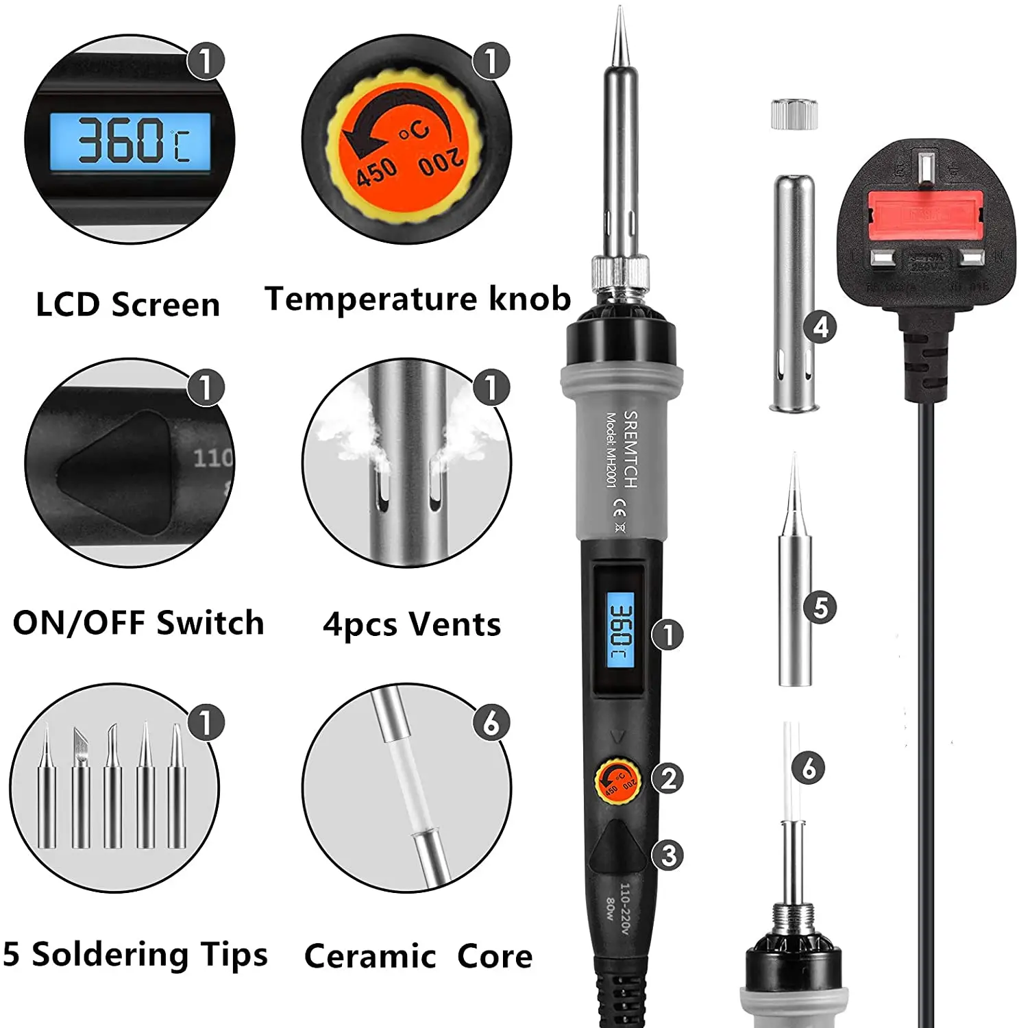 80W Soldering Iron Kit Electric Welding Tool Adjustable Temperature Solder Tips Heat Pencil Repair Tools