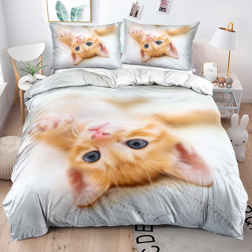 3D Custom Bed Linens White Duvet Cover Comforter Covers Set Pet Cat Pillow Cottoms Twin King Queen Double Single Size Bedclothes