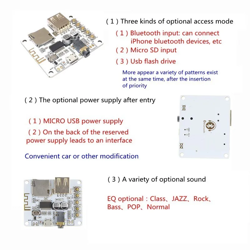 TZT 1/3 Stück Bluetooth-Audio-Empfänger-Board mit USB-TF-Kartensteckplatz, Decodierung, Wiedergabeausgang A7-004 5V 2.1 Kabelloses Stereo – Detail 11