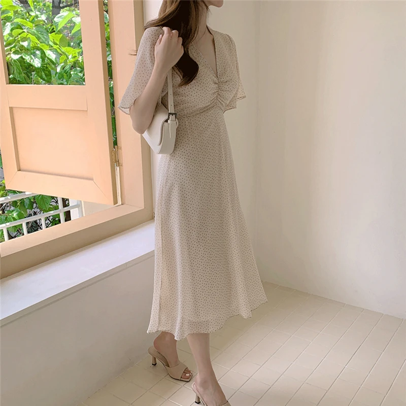 2022 New High Waist Print Floral V-Neck Korean Style Chiffon Lace Up Vintage Wild Women Autumn Winter Lady Long Dresses DR3510