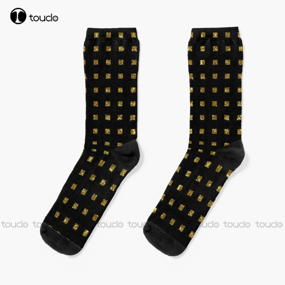 

Luxe Gold Glitter Squares On Black Socks Unisex Adult Teen Youth Socks Personalized Custom 360° Digital Print Hd High Quality