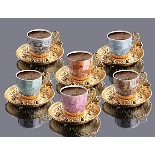 LaModaHome Espresso Coffee Cups with Saucers Set of 6, Porcelain Turkish Arabic Greek Coffee Cup and Saucer, coffee Cup for Wome