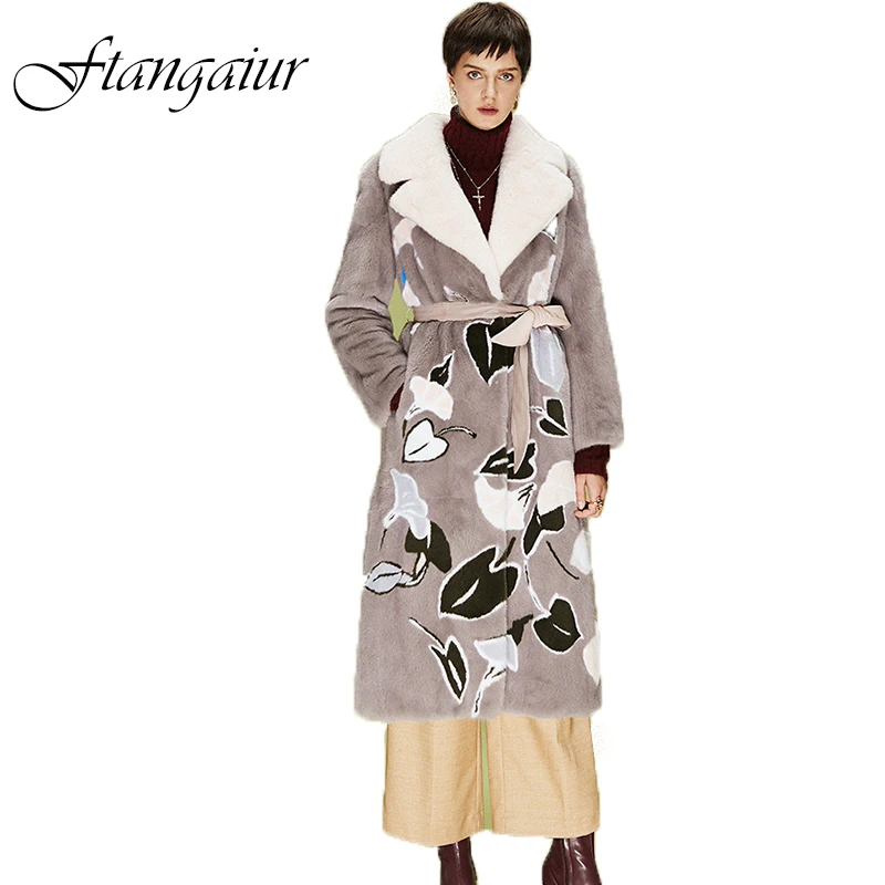 Ftangaiur New Winter Imported Crown Velvet Mink Fur Coat Print Mosaic pattern Print Mink Fur Women X-Long Real Mink Fur Coats