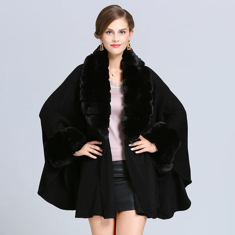 Fashion Cloak Knitted Out Streetwear Coat Women Grande Big Faux Fox Fur Trim Collar Loose Long Batwing Sleeves Poncho Cape