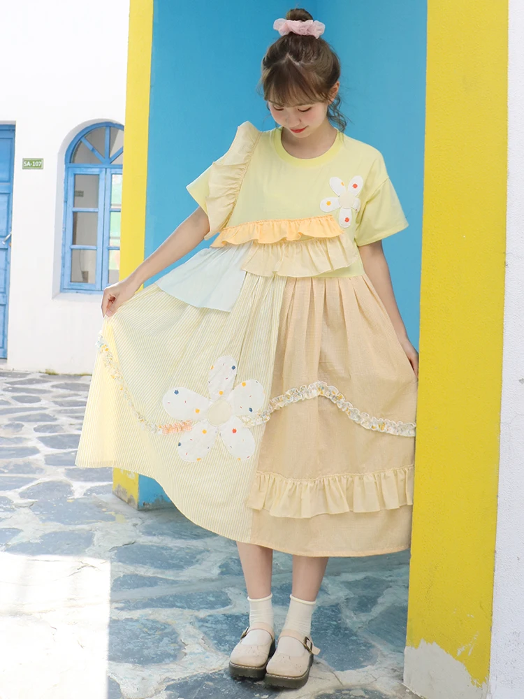 Robe d'été pour filles, douce, taille haute, jaune, à fleurs, plissée, style victorien, kawaii, goth