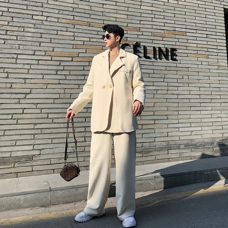 Men 2 Pieces Vintage Corduroy Casual Suits Sets Male Streetwear Fashion Show Suit Coat Elastic Waist Pant Stage Clothing