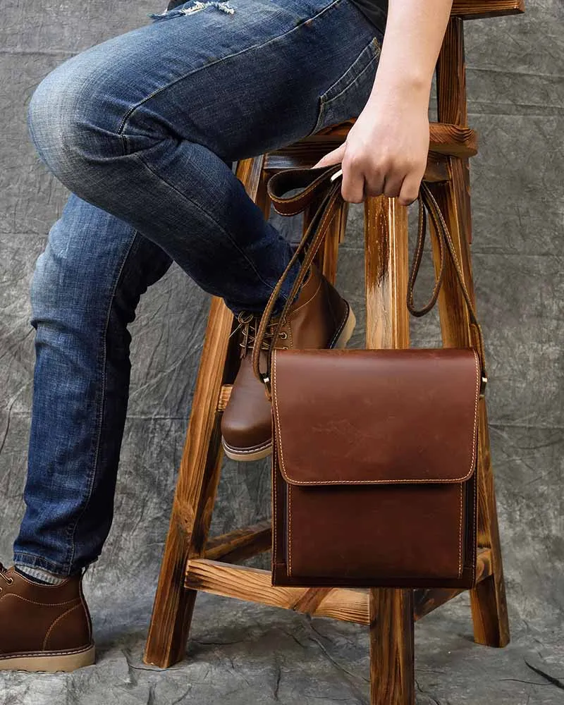 Mala de ombro de couro louca para homens, couro genuíno iPad, bolsa mensageiro vintage, bolsa de viagem casual, bolsa de couro durável