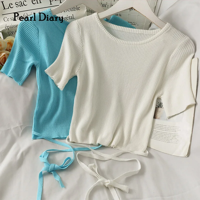 

Pearl Diary Women Rib Knit Tees Round Neck Short Sleeve Slim Fit Plain Casual Top Summer Back Tie Going Out Female Skinny Tops