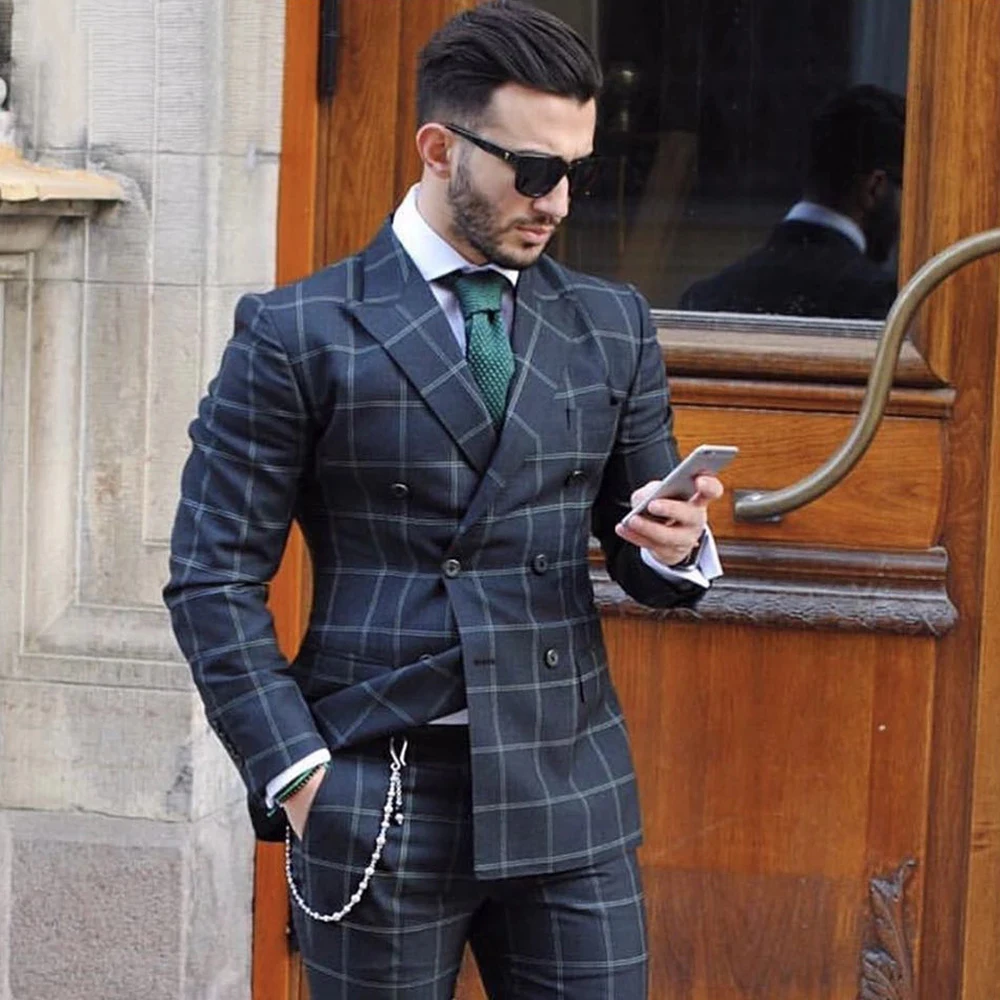 

Suits Men Navy Plaid Check Male Fashion Business Party Dress Double Breasted Jacket Pants 2 Pieces Groom Wear Wedding Tuxedo