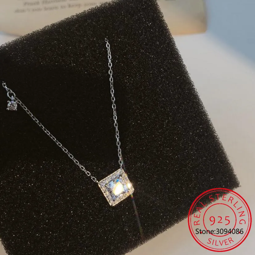 Full Moissanite Square Pendant Necklace Center 1CT Round Cut Diamond Emerald Cut Halo Design Necklace 14K Plated Silver Jewelry