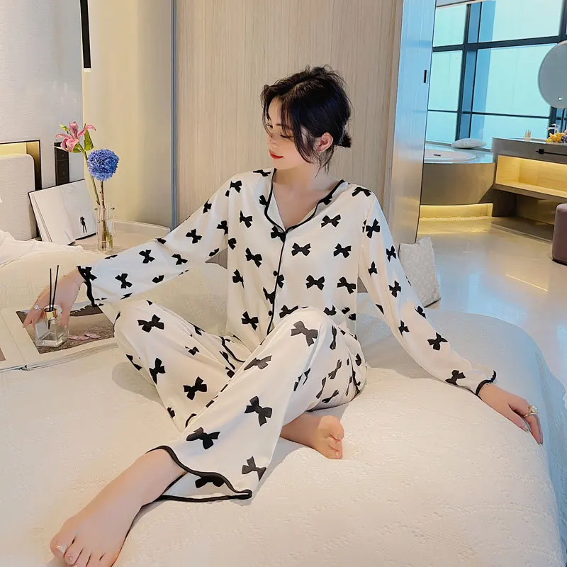 Long Sleeve Silk Pajamas for Womens Set Sexy V-Neck Bow Print Sleepwear Two Piece Suit Spring Nightdress Female Nightwear