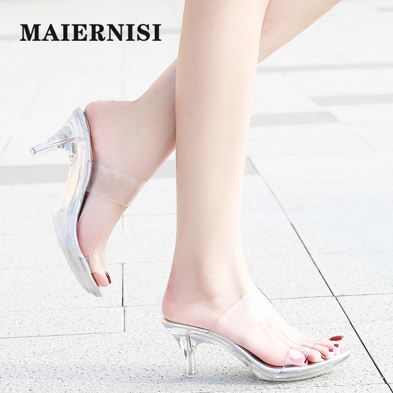 MAIERNISI Shoes For Women Slippers PVC Transparent One Word Slides 2020 Summer New Female Crystal Heel Non-slip High Heels 6.5CM