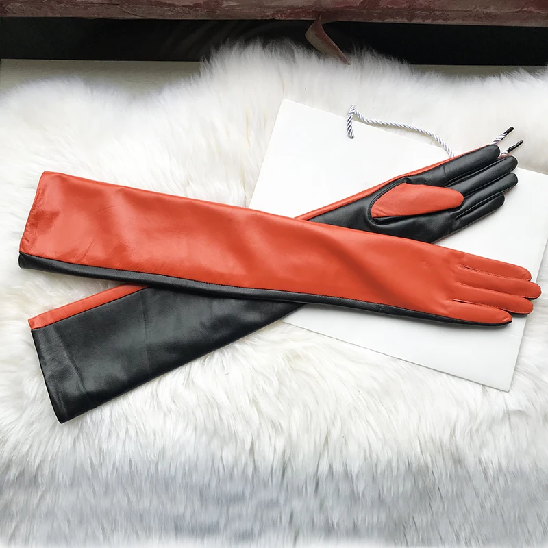 Women's Long Gloves Sheepskin Contrast Color Female Over Elbow Real Leather Gloves Custom-Made Extra Size Fashion Autumn Winter