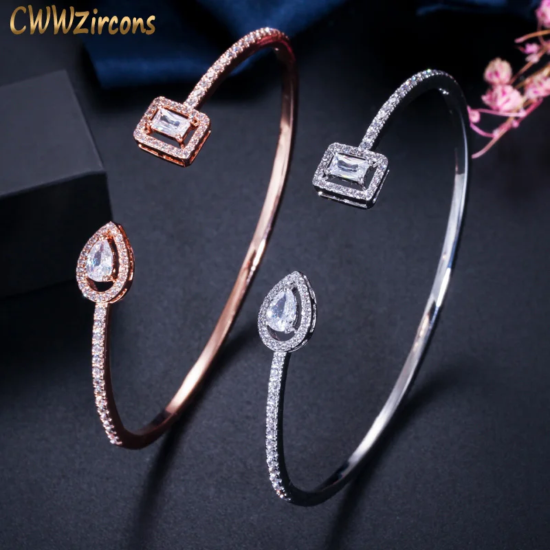 CWWZircons Trendy Exquisite Rose Gold and Silver Color Cubic Zircon Crystal Round Cuff Bangles for Women Dress Jewelry BG031