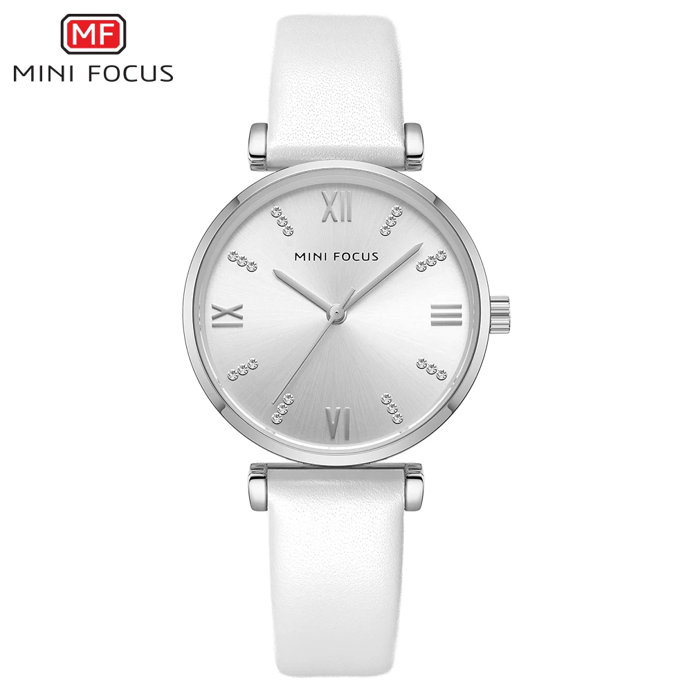 MINI FOCUS Luxury Quartz Watches Women White Leather Strap Simple Watch Lady Woman Waterproof Wristwatch Fashion Casual Watches