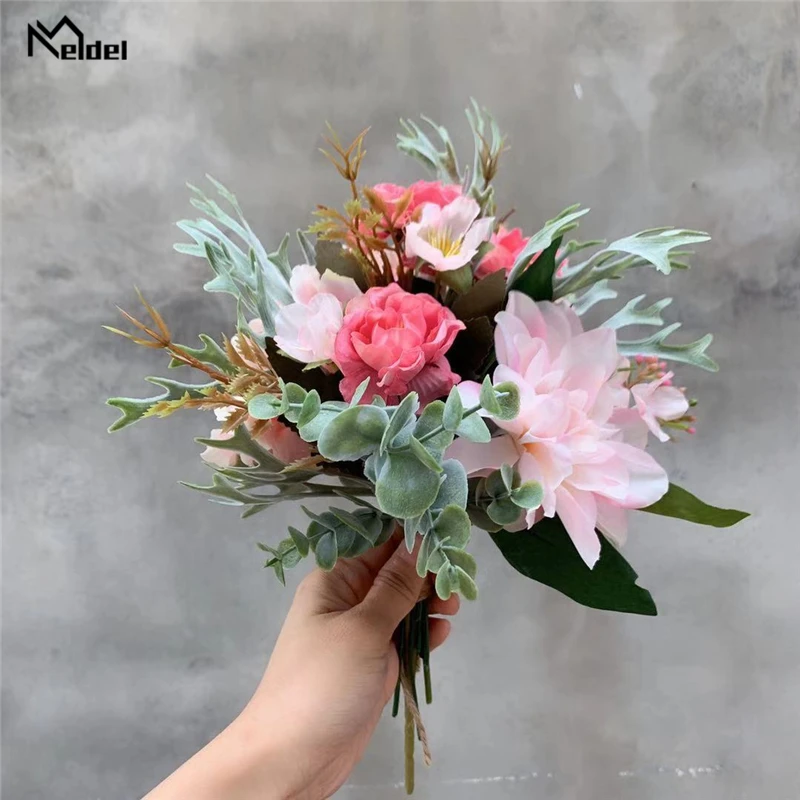 

Meldel Wedding Bouquet Bridal Artificial Flower Silk Peony Dahlia Bridesmaids Bouquets Flower Eucalyptus Leaves Home Party Decor