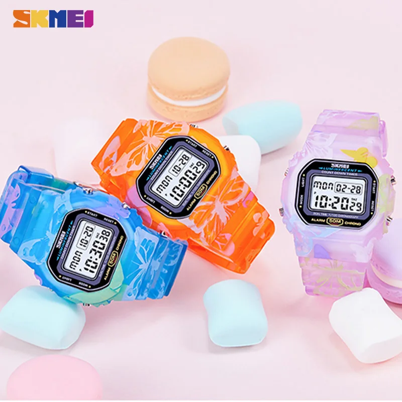 SKMEI PU Transparent Shockproof Teenager Girls Wristwatches Colorful Fashion Ladies Watches Digital Waterproof reloj mujer