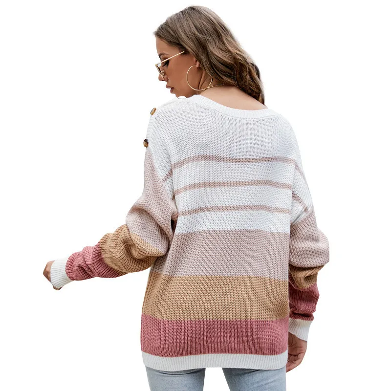 New Loose Knitted Sweater Women Jumpers Long Sleeve Women Pullovers Sweaters Casual Autumn Winter Color Block Striped Sweater