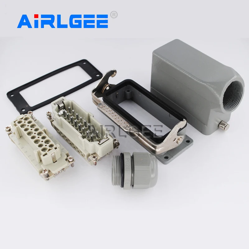 16A 500V Industrial Rectangular Heavy Duty Connector IP65 Waterproof Vertical/Lateral Line Core Aviation Plug Socket HDC-HE-24P