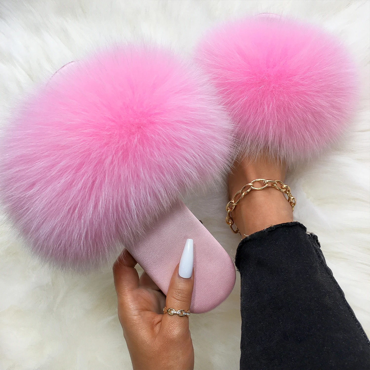 Women\'s Slippers Summer Sandals Real Fox Fur Slides Fluffy Flip Flops Silk Furry Fur Slippers Indoor Fashion Shoes Flat Heels