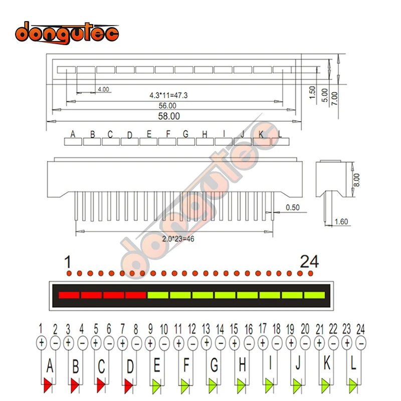 Bargraphe à 12 Segments, 4 Couleurs Rouge, 8 Vertes, Affichage Technique