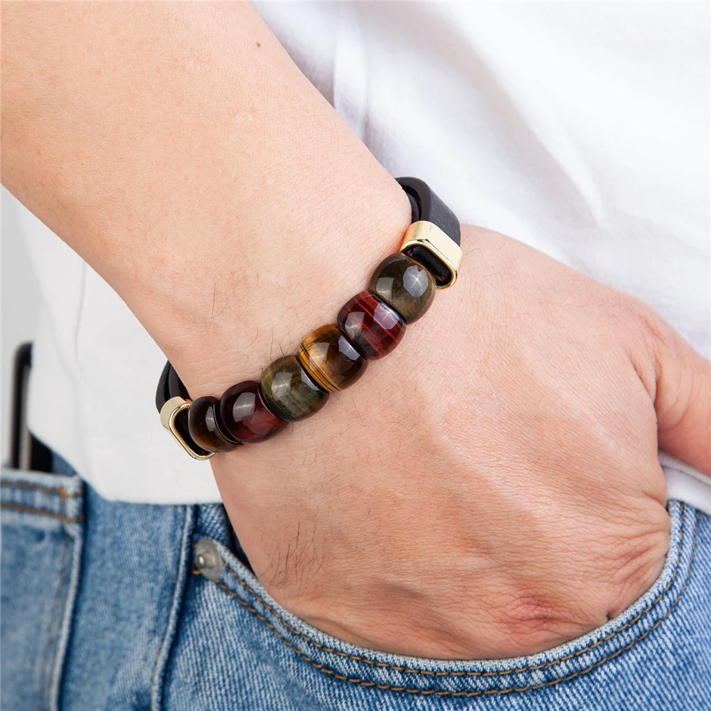 New Fashion Natural Stone Beaded Bracelet Men and Women\'s Leather Bracelet Handmade Jewelry Stainless Steel Bracelet Men\'s Gift
