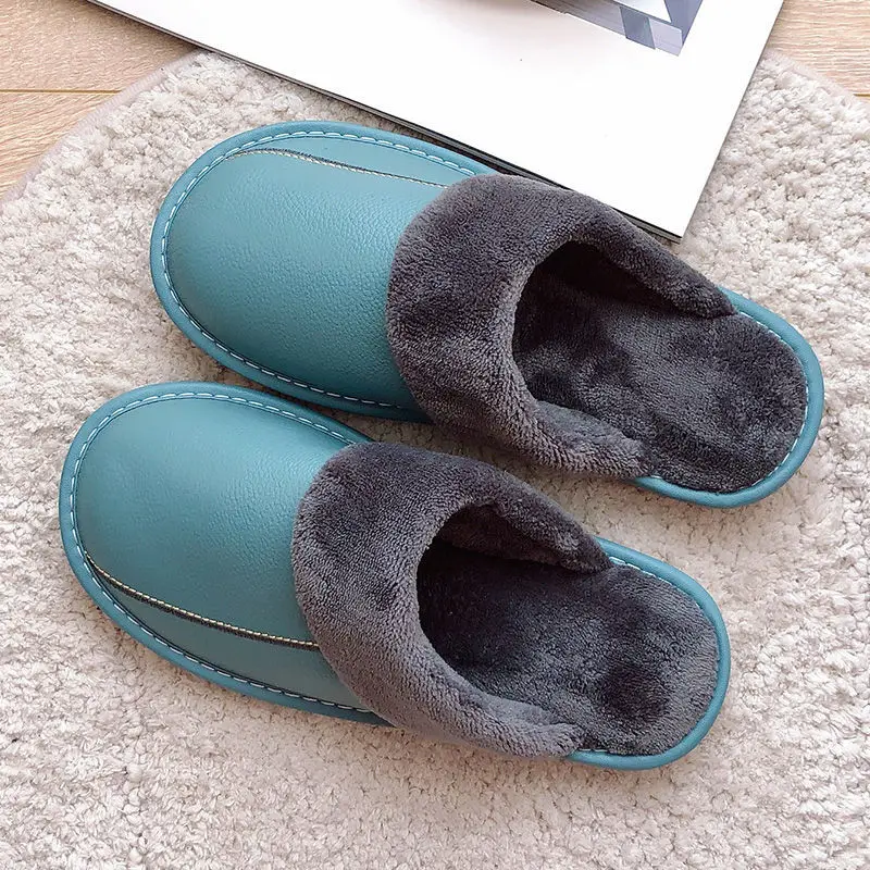 2021 Fashion furry slippers women indoor shoes couples house genuine leather slippers female fur slides winter slippers