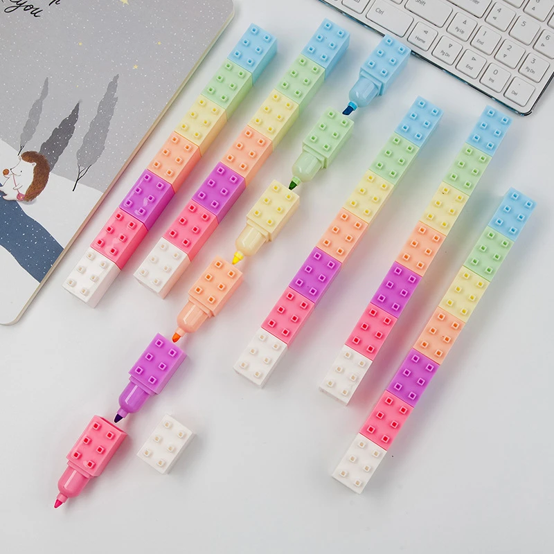 6pcs Mini Building Up Block Pen Color Highlighter Marker Pen Writing Drawing Kid Gift Stationery Office School Supplies A6201