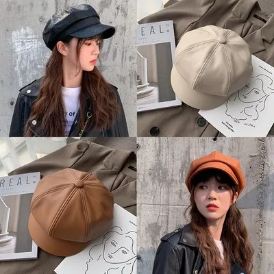 Women Leather Beret with Brim Octagonal Beret Cap Hat Gatsby  Peaked French Painter Hats Autumn and Winter Street Style