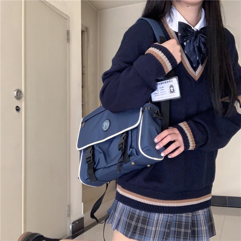 Spring Autumn New Preppy Style Pullover Japanese V-neck Loose Sweater Female Student Korean Loose Casual Outwear School Uniform