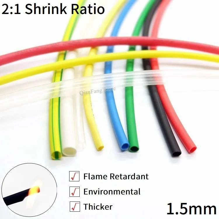 1M Heat Shrink Tube 1.5mm Diameter Insulated Polyolefin 2:1 Shrinkage Ratio Wire Wrap Connector Line Repair 600V Cable Sleeve