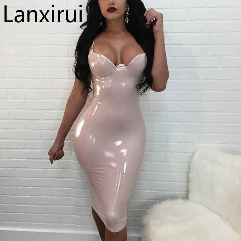 

Sexy Women Pu Leather Spaghetti Strap Dress Summer Solid White V Neck Club Party Backless Bodycon Dresses