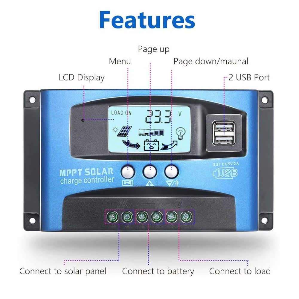Solar Charge Controller MPPT+PWM 30A 60A 100A  Dual USB LCD Display Auto 12V 24V Solar Cell Panel Charger Regulator with Load