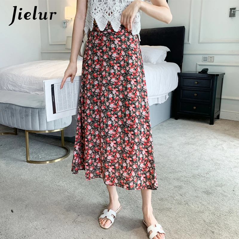 Jielur 2021 Fashion Floral Chiffon Rock Weibliche Lose A-linie Hohe Taille frauen Röcke Romantische Ölgemälde Druck Dame Faldas