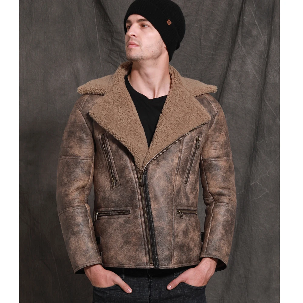 

Brown Sheepskin Fur Shearling Men Winter Thicken Natural Fur Clothing Suit Collar Formal Outwear Businessmen Fur Coat