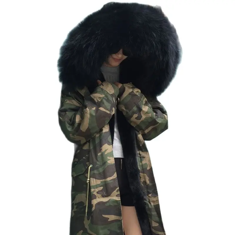 

Camouflage Long Deep Black Faux Fur Casual Wear Thickness Lined Huge Raccoon Fur Hoodies Mr Mrs Wear