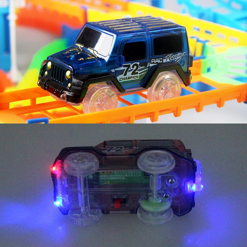 Chemin de fer magique brillant et flexible pour enfants, piste de course de voiture, voie de rail courbée, lampe torche électronique LED, jouet de bricolage, cadeau pour enfants