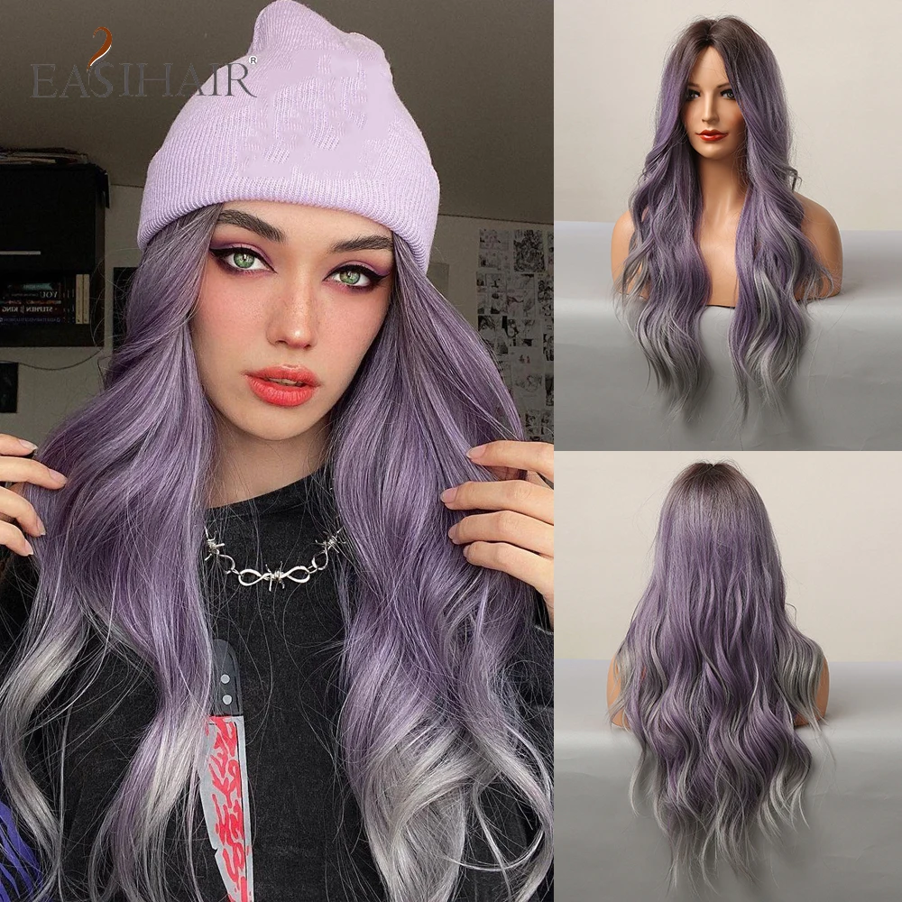 EASIHAIR Ombre Brown Mixed Purple Blonde Long Synthetic Wave Wigs for Women Heat Resistant Colorful Fiber Cosplay Lolita Wigs