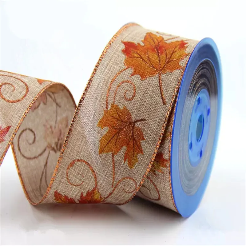 63mm X 25yards Decorative Cotton Burlap Wired Ribbon with Orange Fall Leaves for Craft,DIY Crafting,Wreath Making,Bows N2284