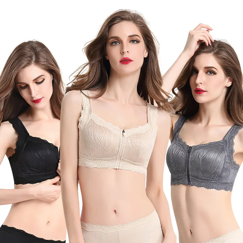 Funklouz Front Zipper Wireless Lace Pocket Bra for Breast Prosthesis Women Mastectomy Bras for Women