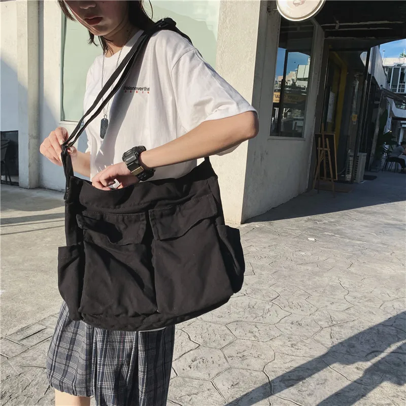 Sac Besace en Toile Multi-poches, avec Fermeture Éclair, Grande Taille, de Grand Magasin, Hip Hop, pour Adolescent et Étudiant, Sac à Main pour