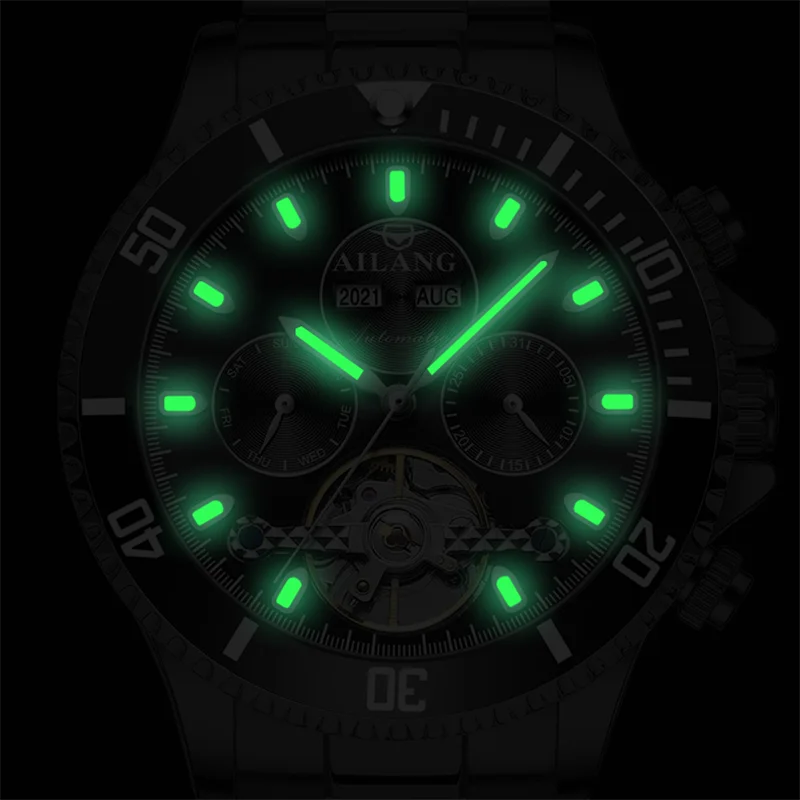 Ailang prawdziwy wielofunkcyjny męski zegarek duży zegarek mechaniczny automatyczny świetlny wodoodporny zegarek marki tide