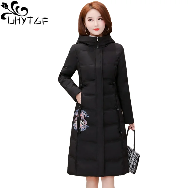 UHYTGF Jacket Women's Quality Down Cotton Coat Warm Winter Coat Fashion Embroidery Casual Big Size Outerwear Hooded Clothes 1142