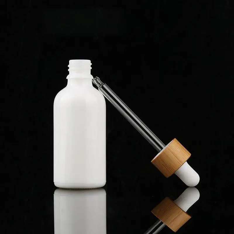 10ml 15ml 30ml white essential oil dropper bottle cosmetic glass pipette packaging container with wood grain bamboo lid cap