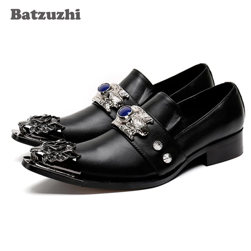 

Batzuzhi Designer's Men Shoes Sliver Metal Tip Pointed Toe Dress Shoes Men Black Leather Business Evening Party Wedding Shoes!